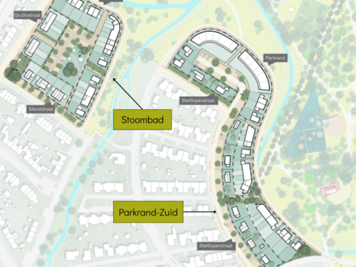 Kleine kaart van het TSB-terrein Goor: deelgebieden het Stoombad en Parkrand-Zuid zijn met een optionele woningbouw indeling te zien